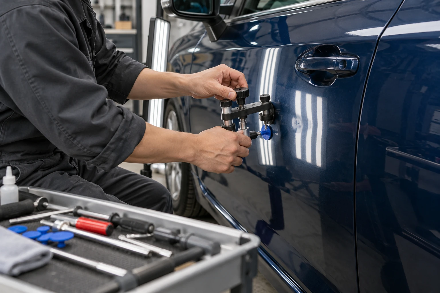 専用工具で車のへこみを修復する作業イメージ