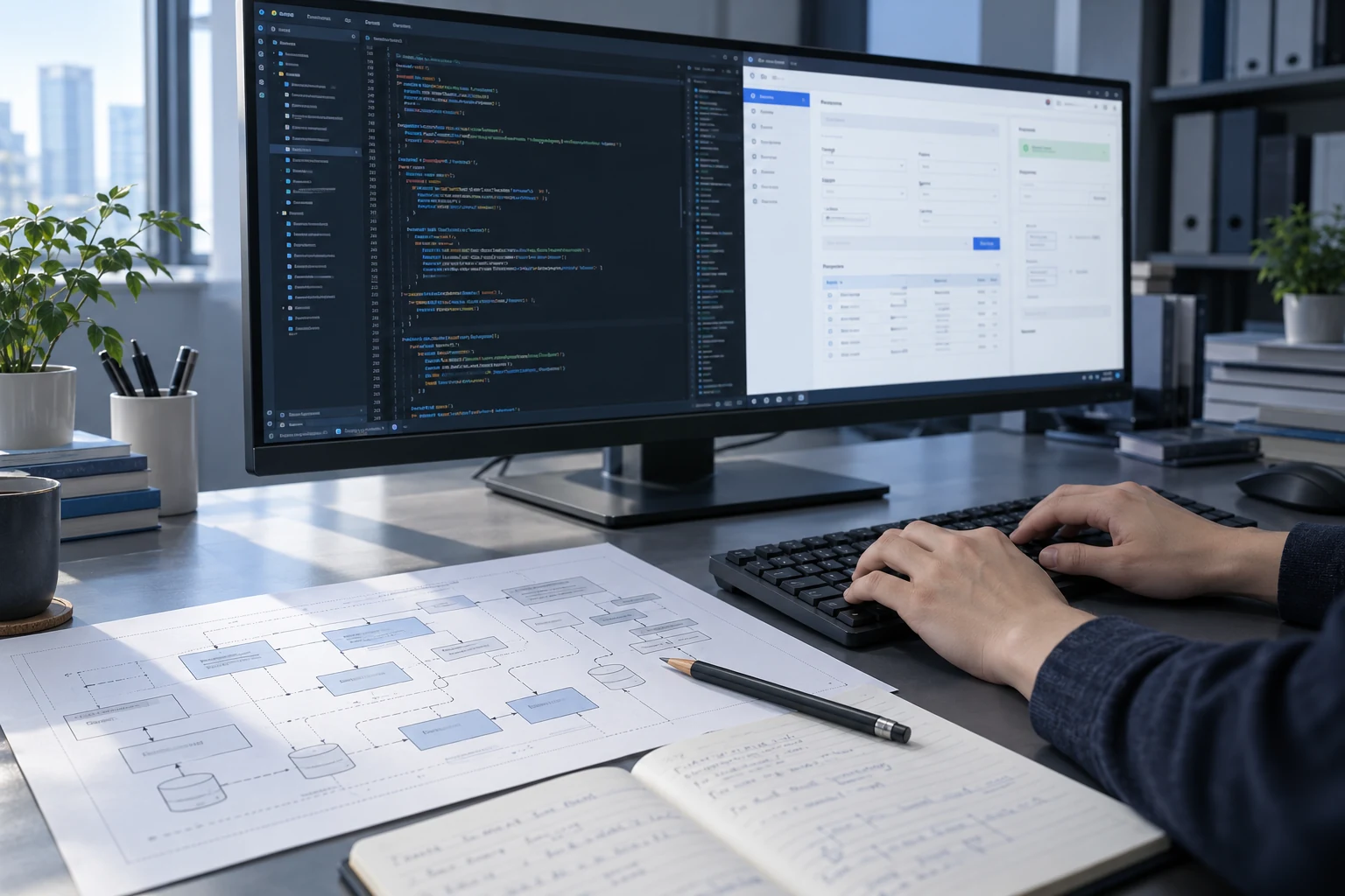システム設計資料と開発・テスト画面を備えた作業机